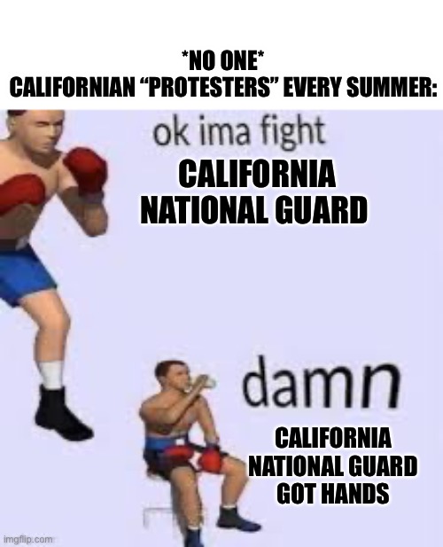 It’s like freaking clockwork | *NO ONE*
CALIFORNIAN “PROTESTERS” EVERY SUMMER:; CALIFORNIA NATIONAL GUARD; CALIFORNIA NATIONAL GUARD GOT HANDS | image tagged in ok imma fight,operator bravo,national guard,memes | made w/ Imgflip meme maker