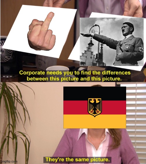 the middle finger and the nazi salute is illegal in Germany | image tagged in memes,they're the same picture,nazi,germany,middle finger | made w/ Imgflip meme maker