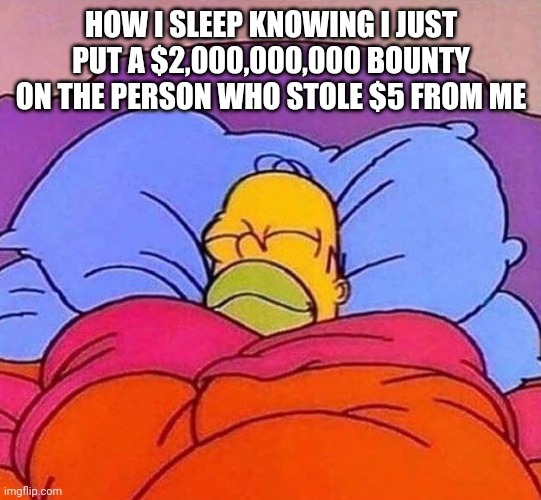 Homer Simpson sleeping peacefully | HOW I SLEEP KNOWING I JUST PUT A $2,000,000,000 BOUNTY ON THE PERSON WHO STOLE $5 FROM ME | image tagged in homer simpson sleeping peacefully,bounty hunter,get rekt,say that again and ill shove this ruler where the sun dont shine | made w/ Imgflip meme maker