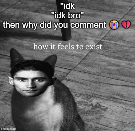 ts so kafkaesque | ''idk
''idk bro''
then why did you comment 😭💔 | image tagged in ts so kafkaesque | made w/ Imgflip meme maker