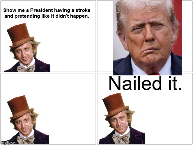 Nailed It Wonka | Show me a President having a stroke and pretending like it didn't happen. | image tagged in nailed it wonka | made w/ Imgflip meme maker
