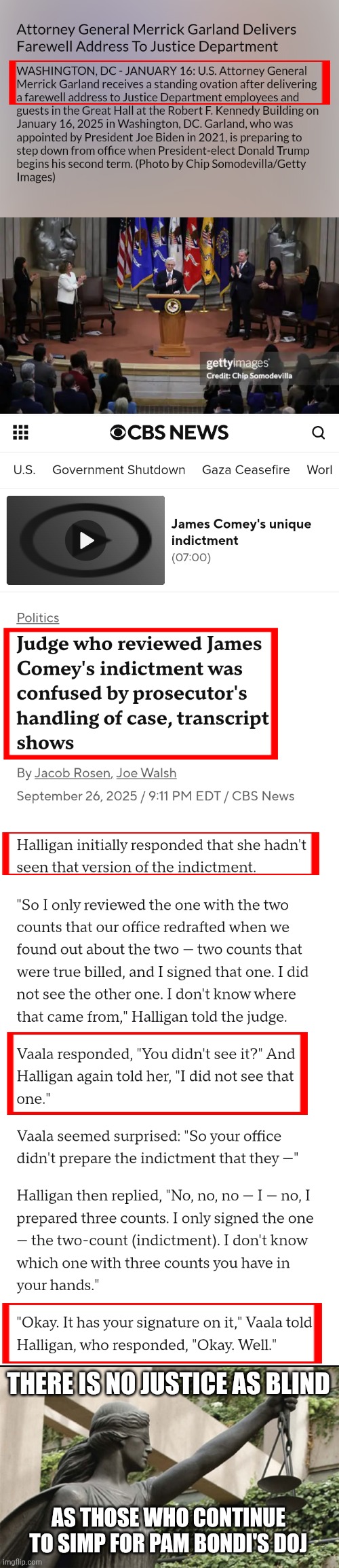 Whether you think Trump is aware of it or not, there can be no denying her failures to clean up the partisan politics in the DOJ | THERE IS NO JUSTICE AS BLIND; AS THOSE WHO CONTINUE TO SIMP FOR PAM BONDI'S DOJ | image tagged in blind justice,doj | made w/ Imgflip meme maker