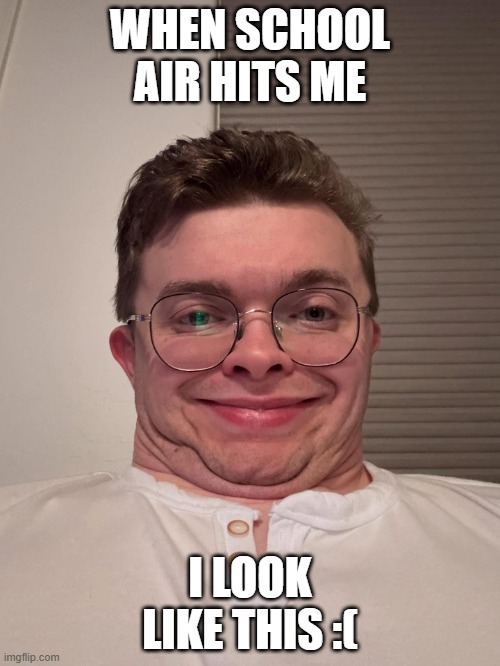 Im homescooled | WHEN SCHOOL AIR HITS ME; I LOOK LIKE THIS :( | image tagged in cg5 quintuple chin,funny,school,cg5 | made w/ Imgflip meme maker