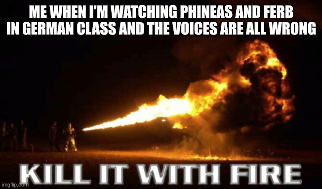 kill it with fire | ME WHEN I'M WATCHING PHINEAS AND FERB IN GERMAN CLASS AND THE VOICES ARE ALL WRONG | image tagged in kill it with fire,german,class,phineas and ferb | made w/ Imgflip meme maker