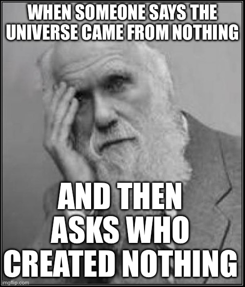 WHEN SOMEONE SAYS THE UNIVERSE CAME FROM NOTHING | WHEN SOMEONE SAYS THE UNIVERSE CAME FROM NOTHING; AND THEN ASKS WHO CREATED NOTHING | image tagged in darwin facepalm,anti-religion,god religion universe,universe,evolution,atheism | made w/ Imgflip meme maker