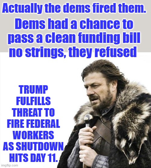 More MSM lies, only way TRUMP was allowed to fire them is because Dems wouldn't fund the gov. .Dems are not your friend | Actually the dems fired them. Dems had a chance to pass a clean funding bill no strings, they refused; TRUMP FULFILLS THREAT TO FIRE FEDERAL WORKERS AS SHUTDOWN HITS DAY 11. | image tagged in memes,brace yourselves x is coming | made w/ Imgflip meme maker