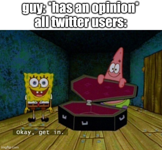 see, this is why im on imgflip and not twitter. | guy: *has an opinion*
all twitter users: | image tagged in spongebob coffin | made w/ Imgflip meme maker