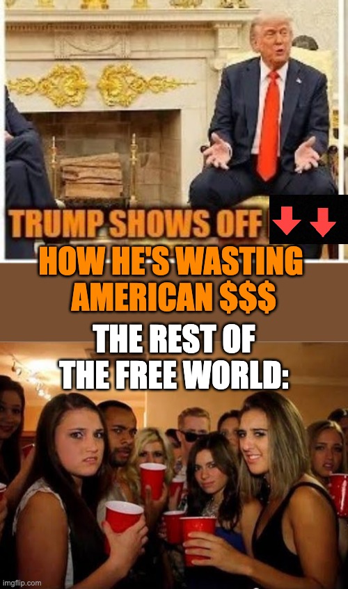 The money he's spending comes out of someone's pockets: usually, YOURS | THE REST OF THE FREE WORLD: HOW HE'S WASTING 
AMERICAN $$$ | image tagged in waste,grift,trump,idiocracy,embarrassing,disgusted | made w/ Imgflip meme maker