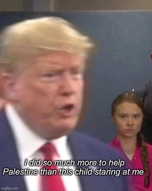Substance over  virtue signaling | I did so much more to help Palestine than this child staring at me | image tagged in greta thunberg stares at donald trump,politics lol,memes | made w/ Imgflip meme maker