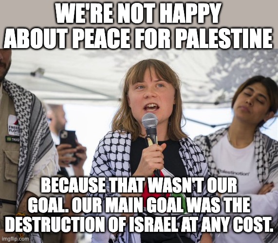 You know it's true. Why are they not celebrating? | WE'RE NOT HAPPY ABOUT PEACE FOR PALESTINE; BECAUSE THAT WASN'T OUR GOAL. OUR MAIN GOAL WAS THE DESTRUCTION OF ISRAEL AT ANY COST. | image tagged in greta thunberg palestine nuthugger,liberal scum | made w/ Imgflip meme maker