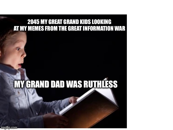 Info war | 2045 MY GREAT GRAND KIDS LOOKING AT MY MEMES FROM THE GREAT INFORMATION WAR; MY GRAND DAD WAS RUTHLESS | image tagged in meme world war | made w/ Imgflip meme maker