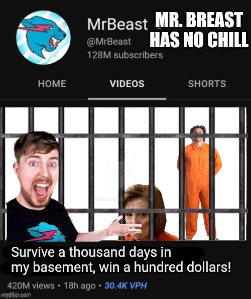 MrBeast thumbnail template | MR. BREAST HAS NO CHILL; Survive a thousand days in my basement, win a hundred dollars! | image tagged in mrbeast thumbnail template | made w/ Imgflip meme maker