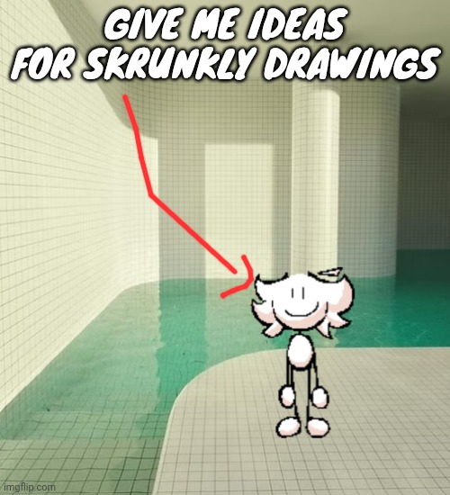 skrunkly poolrooms | GIVE ME IDEAS FOR SKRUNKLY DRAWINGS | image tagged in skrunkly poolrooms | made w/ Imgflip meme maker