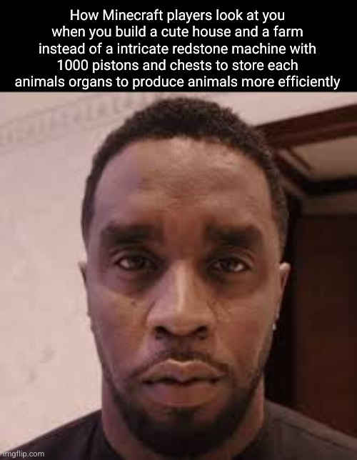 it's for the vibes bruh | How Minecraft players look at you when you build a cute house and a farm instead of a intricate redstone machine with 1000 pistons and chests to store each animals organs to produce animals more efficiently | image tagged in how cornballs be looking at you when,minecraft,funny,so true,relatable,looking | made w/ Imgflip meme maker