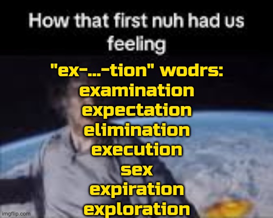 felt like making ts | "ex-…-tion" wodrs:
examination
expectation
elimination
execution
sex
expiration
exploration | image tagged in first nuh | made w/ Imgflip meme maker