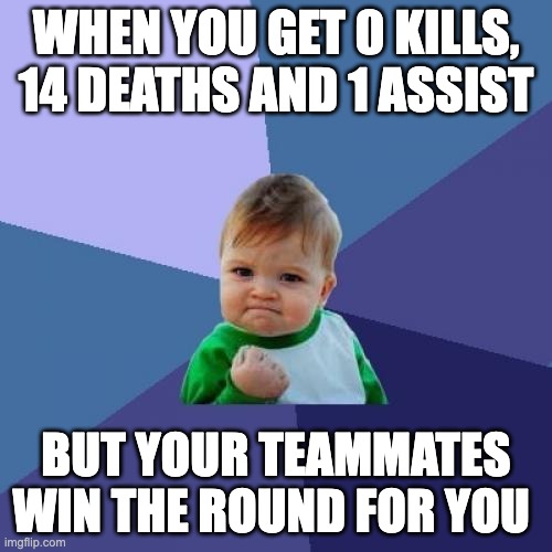 Success Kid | WHEN YOU GET 0 KILLS, 14 DEATHS AND 1 ASSIST; BUT YOUR TEAMMATES WIN THE ROUND FOR YOU | image tagged in memes,success kid | made w/ Imgflip meme maker