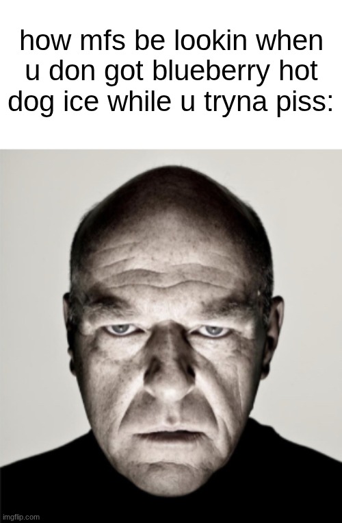 s | how mfs be lookin when u don got blueberry hot dog ice while u tryna piss: | image tagged in dean norris mad | made w/ Imgflip meme maker