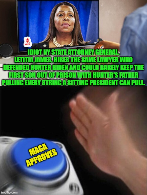 Or in other words . . . hahahahahaha! | IDIOT NY STATE ATTORNEY GENERAL, LETITIA JAMES, HIRES THE SAME LAWYER WHO DEFENDED HUNTER BIDEN AND COULD BARELY KEEP THE FIRST SON OUT OF PRISON WITH HUNTER'S FATHER PULLING EVERY STRING A SITTING PRESIDENT CAN PULL. MAGA APPROVES | image tagged in blank nut button | made w/ Imgflip meme maker