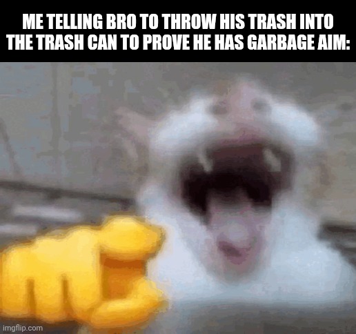. | ME TELLING BRO TO THROW HIS TRASH INTO THE TRASH CAN TO PROVE HE HAS GARBAGE AIM: | image tagged in funny,funny memes | made w/ Imgflip meme maker