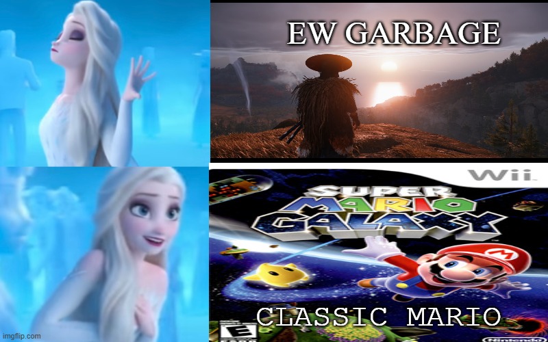 elsa hates ghost of yotei likes super mario galaxy | EW GARBAGE; CLASSIC MARIO | image tagged in elsa hates and likes meme,yotei,gaming,videogames,super mario galaxy,gaming memes | made w/ Imgflip meme maker