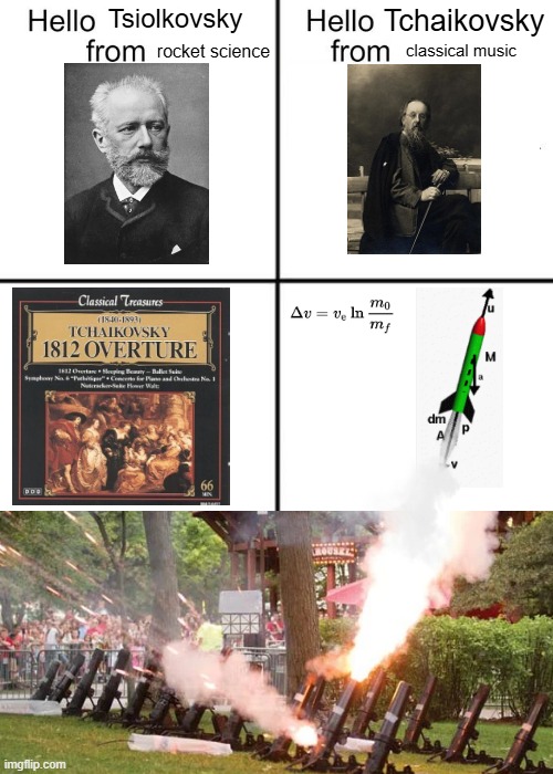 unexpected crossover | Tchaikovsky; Tsiolkovsky; classical music; rocket science | image tagged in hello person from | made w/ Imgflip meme maker