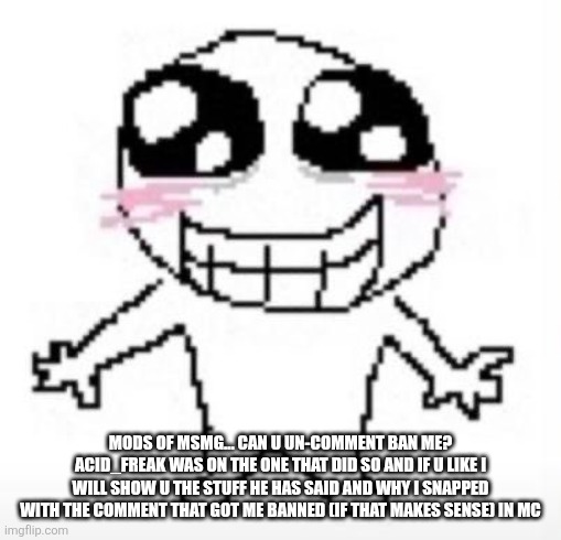 Plsss | MODS OF MSMG... CAN U UN-COMMENT BAN ME? ACID_FREAK WAS ON THE ONE THAT DID SO AND IF U LIKE I WILL SHOW U THE STUFF HE HAS SAID AND WHY I SNAPPED WITH THE COMMENT THAT GOT ME BANNED (IF THAT MAKES SENSE) IN MC | image tagged in yippee | made w/ Imgflip meme maker