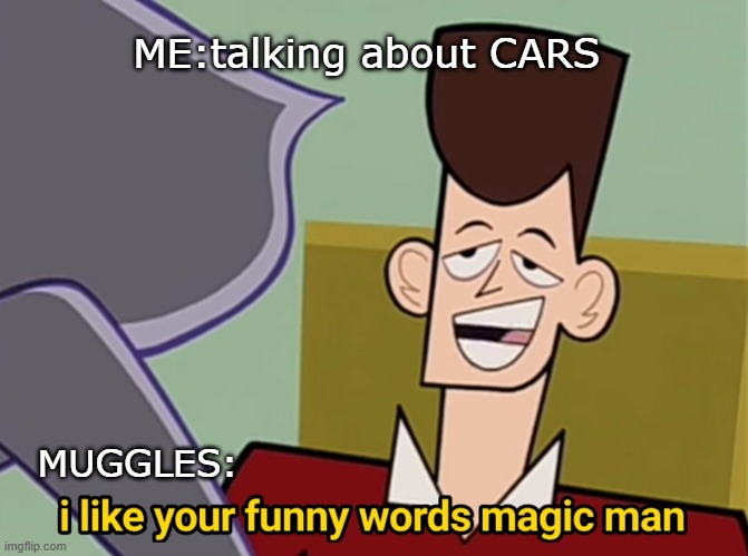 muggles will be muggles | ME:talking about CARS; MUGGLES: | image tagged in i like your funny words magic man | made w/ Imgflip meme maker