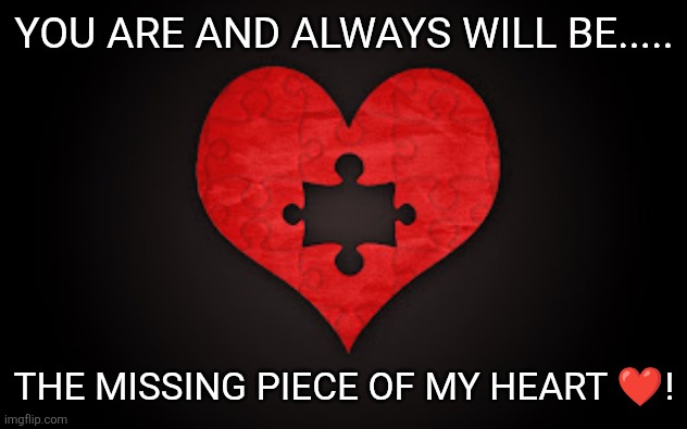 YOU ARE AND ALWAYS WILL BE..... THE MISSING PIECE OF MY HEART ❤️! | image tagged in love,i love you,my heart,cute | made w/ Imgflip meme maker