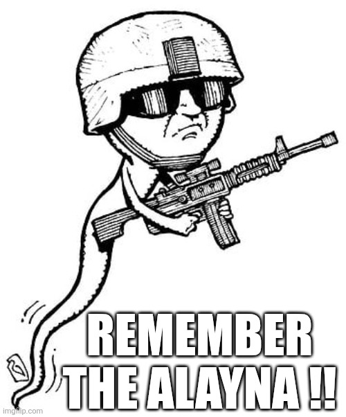 remember the alamo alayna sperm soldier | REMEMBER THE ALAYNA !! | image tagged in fertility,in vitro,getting pregnant,sperm,lucky,conception | made w/ Imgflip meme maker