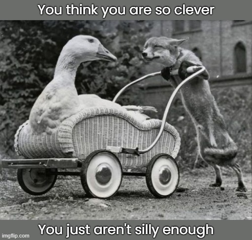 A Pair of Idioms | You think you are so clever; You just aren't silly enough | image tagged in funny memes,eyeroll,silly goose,clever fox | made w/ Imgflip meme maker