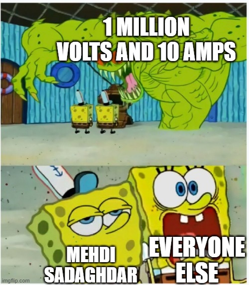 SpongeBob SquarePants scared but also not scared | 1 MILLION VOLTS AND 10 AMPS; EVERYONE ELSE; MEHDI SADAGHDAR | image tagged in spongebob squarepants scared but also not scared | made w/ Imgflip meme maker