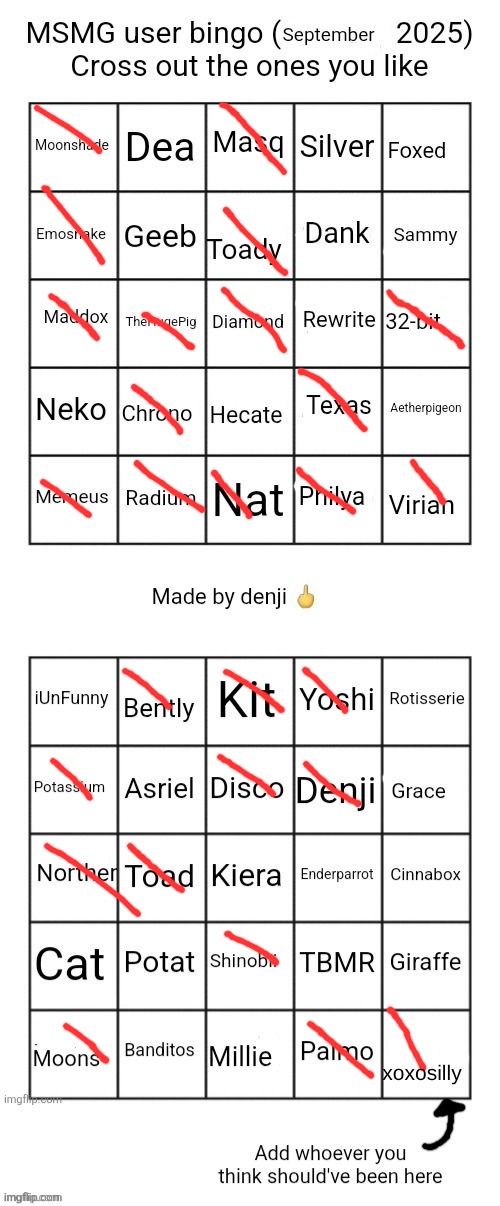 MSMG user bingo (September 2025) cross the one you like | xoxosilly | image tagged in msmg user bingo september 2025 cross the one you like | made w/ Imgflip meme maker