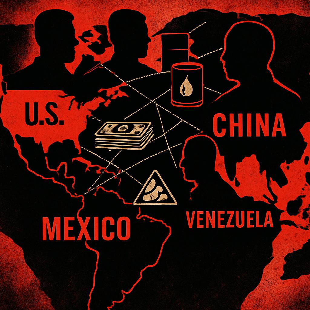 A bold, visually striking map highlighting the U.S., China, Vene Blank Meme Template