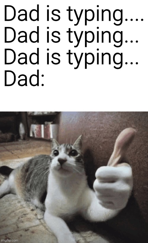 Dad is typing....
Dad is typing...
Dad is typing...
Dad: | image tagged in cat thumbs up,memes,funny,funny memes,dads,dad | made w/ Imgflip meme maker