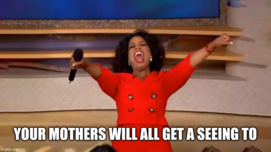 Opera Winfre - You All Get A Car Reaction Widescreen | YOUR MOTHERS WILL ALL GET A SEEING TO | image tagged in opera winfre - you all get a car reaction widescreen | made w/ Imgflip meme maker