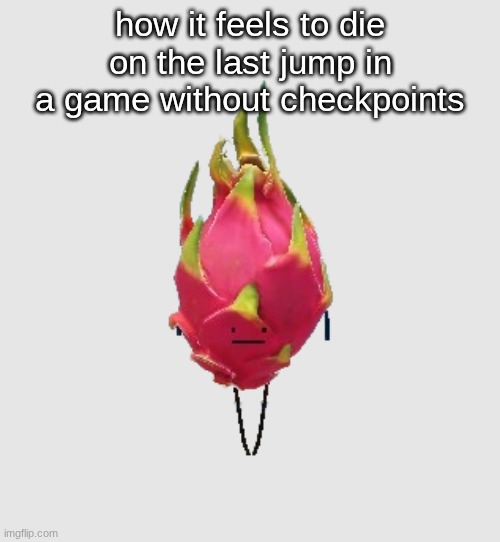 why tho | how it feels to die on the last jump in a game without checkpoints | image tagged in dragon fruit from secret staycation | made w/ Imgflip meme maker