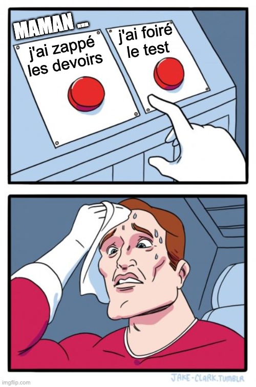 Two buttons - Maman... | MAMAN ... j'ai foiré
le test; j'ai zappé
les devoirs | image tagged in memes,two buttons | made w/ Imgflip meme maker