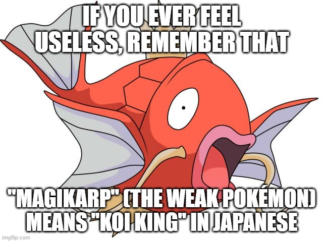 it's true | IF YOU EVER FEEL USELESS, REMEMBER THAT; "MAGIKARP" (THE WEAK POKÉMON) MEANS "KOI KING" IN JAPANESE | image tagged in magikarp pokemon,if you ever feel useless remember this,pokemon | made w/ Imgflip meme maker
