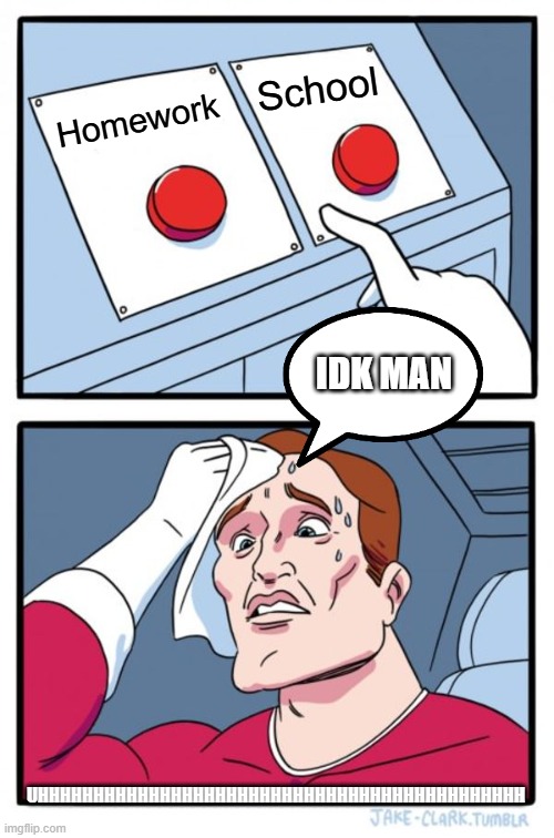 Two Buttons Meme | School; Homework; IDK MAN; UHHHHHHHHHHHHHHHHHHHHHHHHHHHHHHHHHHHHHHHHHHHH | image tagged in memes,two buttons | made w/ Imgflip meme maker