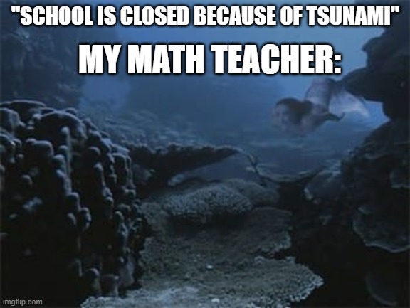 Tsunami | MY MATH TEACHER:; "SCHOOL IS CLOSED BECAUSE OF TSUNAMI" | image tagged in mermaid swimming under the sea | made w/ Imgflip meme maker