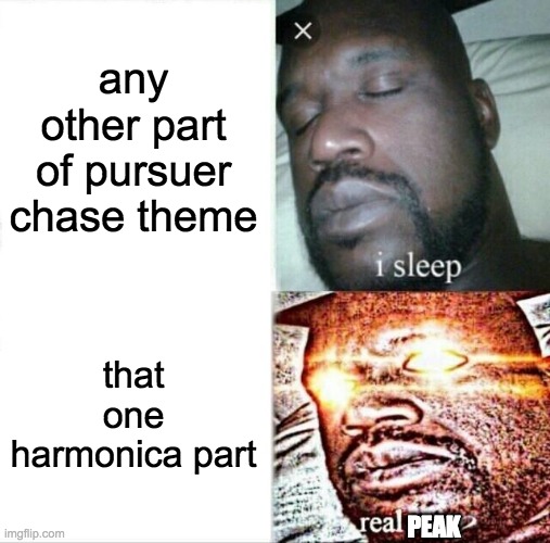 harmonica | any other part of pursuer chase theme; that one harmonica part; PEAK | image tagged in memes,sleeping shaq | made w/ Imgflip meme maker