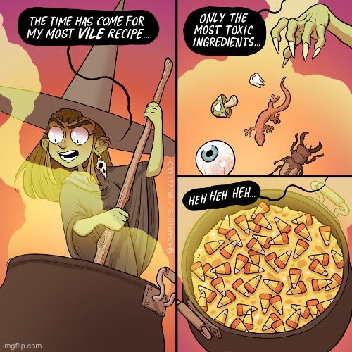image tagged in comics,halloween,witch,cauldron,toxic ingredients,candy corn | made w/ Imgflip meme maker
