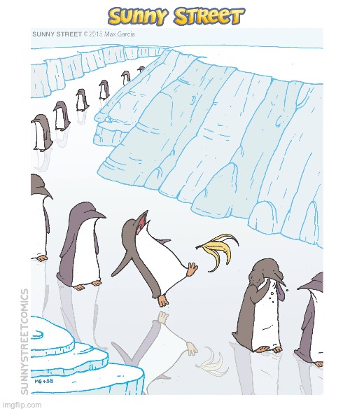 image tagged in comics,sunny street,penguins,banana peel,slip,ice | made w/ Imgflip meme maker