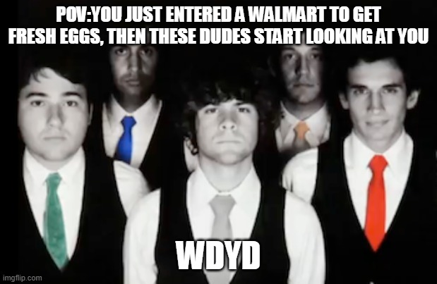 No romance | POV:YOU JUST ENTERED A WALMART TO GET FRESH EGGS, THEN THESE DUDES START LOOKING AT YOU; WDYD | image tagged in tally hall staring into your soul | made w/ Imgflip meme maker