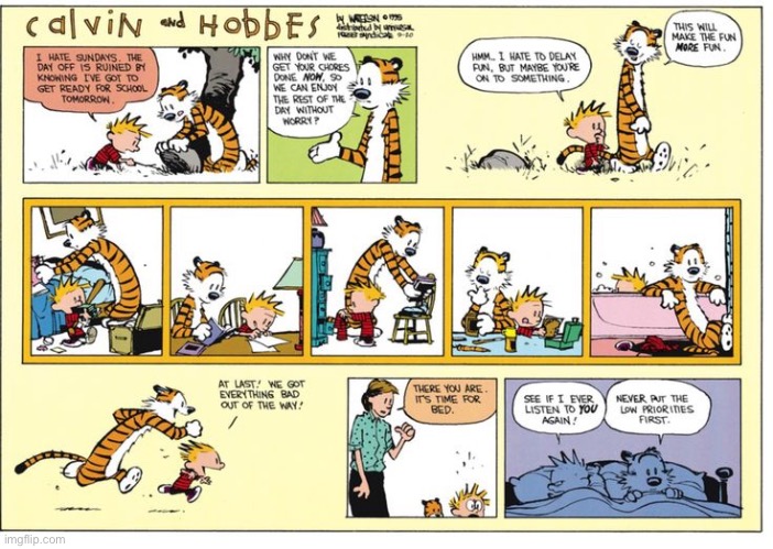 Always keep your priorities straight… | image tagged in calvin and hobbes,comics,sundays,not enough time,bedtime | made w/ Imgflip meme maker