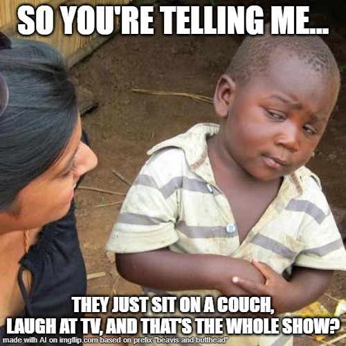 Beavis And Butthead | SO YOU'RE TELLING ME... THEY JUST SIT ON A COUCH, LAUGH AT TV, AND THAT'S THE WHOLE SHOW? | image tagged in memes,third world skeptical kid | made w/ Imgflip meme maker