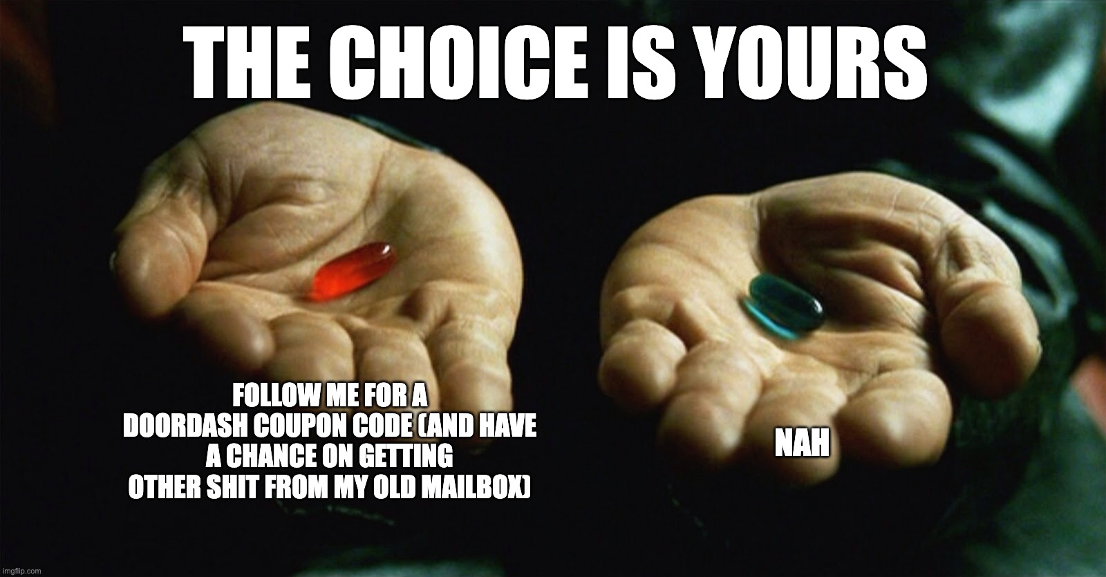 Red pill blue pill | THE CHOICE IS YOURS; FOLLOW ME FOR A DOORDASH COUPON CODE (AND HAVE A CHANCE ON GETTING OTHER SHIT FROM MY OLD MAILBOX); NAH | image tagged in red pill blue pill | made w/ Imgflip meme maker