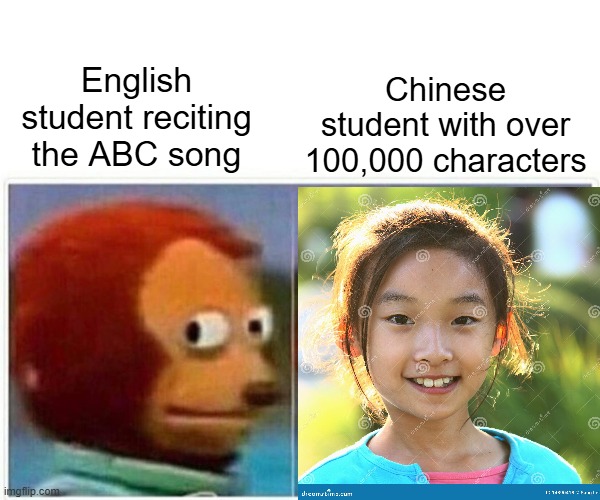 Monkey Puppet Meme | Chinese student with over 100,000 characters; English student reciting the ABC song | image tagged in memes,monkey puppet | made w/ Imgflip meme maker