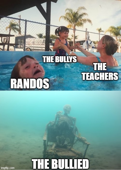 Swimming Pool Kids | THE BULLYS; THE TEACHERS; RANDOS; THE BULLIED | image tagged in swimming pool kids | made w/ Imgflip meme maker
