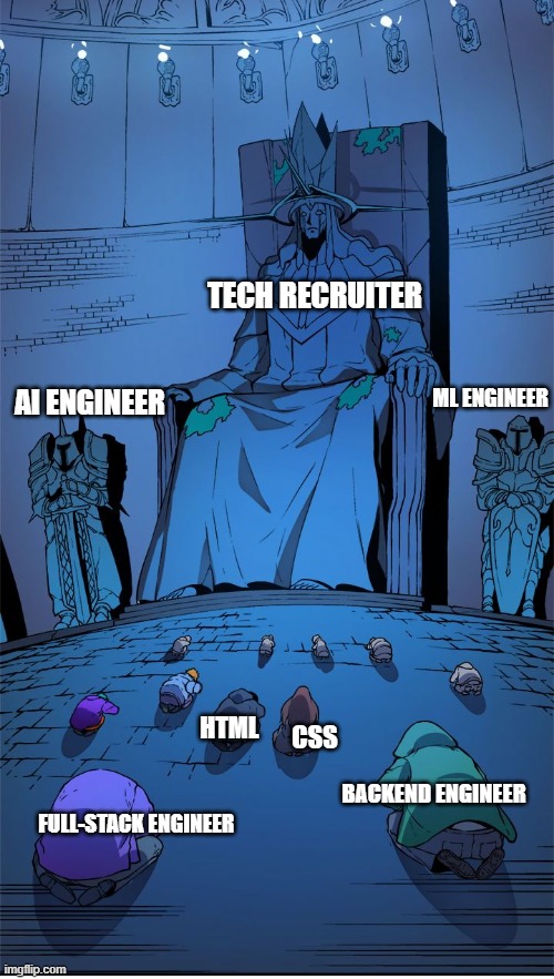 Tech market | TECH RECRUITER; ML ENGINEER; AI ENGINEER; HTML; CSS; FULL-STACK ENGINEER; BACKEND ENGINEER | image tagged in worship the lord | made w/ Imgflip meme maker